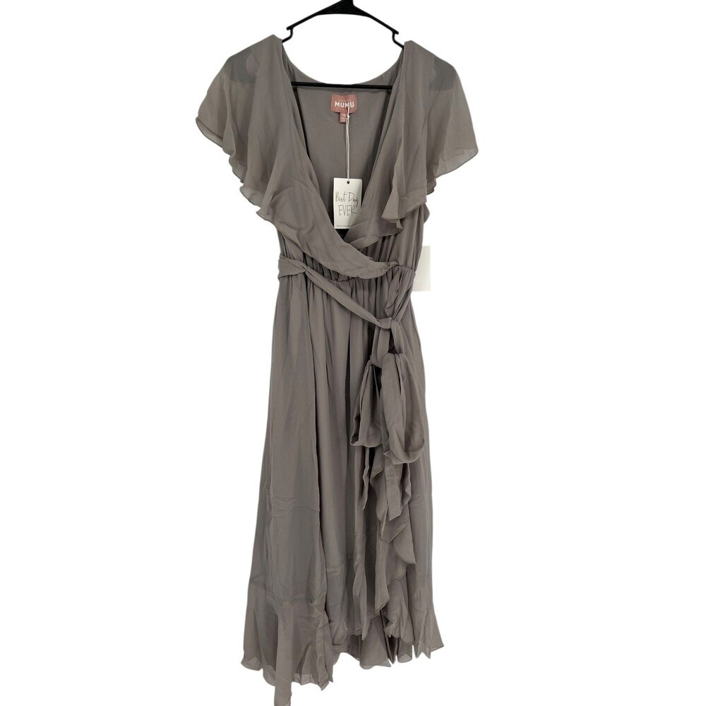 Show Me Your Mumu Jess Ruffle Midi Dress Women's Size 1X Dove Grey Boho Wedding
